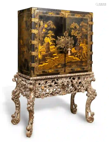 17TH C. BLACK LACQUERED JAPANNED CABINET ON STAND