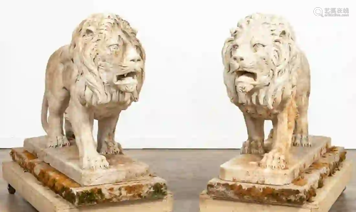 PAIR, MONUMENTAL LION MARBLE OUTDOOR SCULPTURES