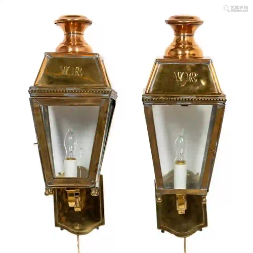 PAIR, 19TH C. 'VR' COPPER & BRASS WALL LANTERNS