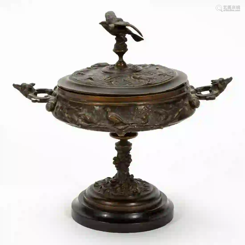 JULES MOIGNIEZ, BRONZE SCULPTURAL, LIDDED TAZZA