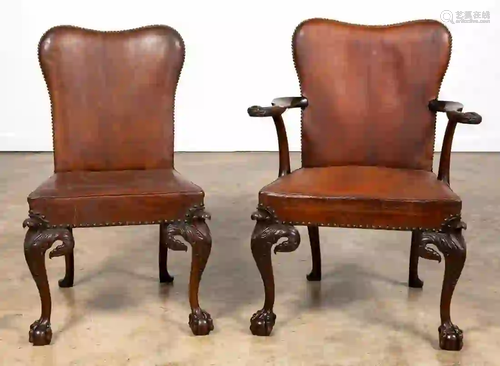 L. 19TH C. IRISH LEATHER ARM CHAIR & SIDE CHAIR