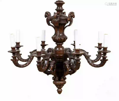 CARVED WOOD 8-LIGHT CHANDELIER w/ RAM'S HEADS