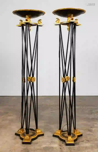 PR. MONUMENTAL BLACK & GILT TORCHIERE FLOOR LAMPS