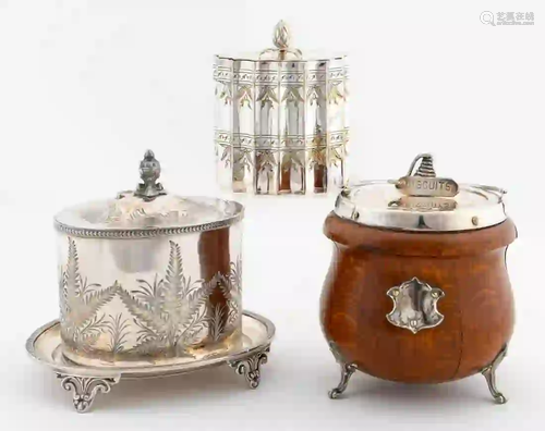 3PCS, ENGLISH BISCUIT BARRELS, SILVERPLATE & OAK