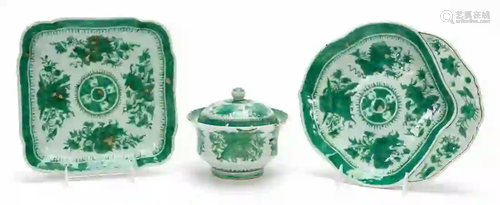 3PCS CHINESE EXPORT, GREEN FITZHUGH SERVING PIECES