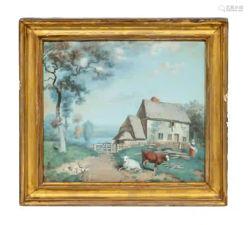 ENGLISH SCHOOL, COTTAGE PASTORAL SCENE, FRAMED