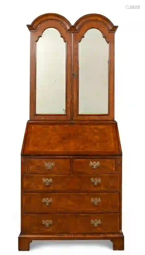 GEORGIAN BURLED WALNUT DOUBLE BONNET SECRETARY