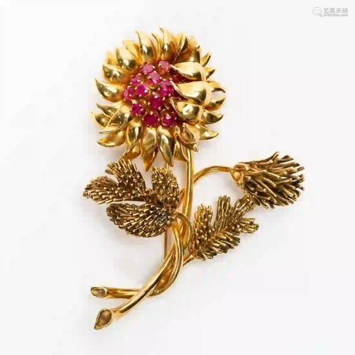 TIFFANY & CO. 18K GOLD & RUBY SUNFLOWER BROOCH