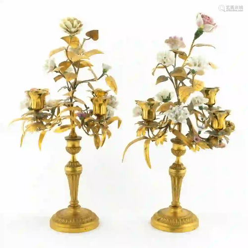 PAIR, CONTINENTAL GILT & PORCELAIN CANDELABRA