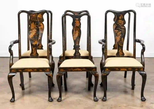 6 QUEEN ANNE STYLE BLACK CHINOISERIE DINING CHAIRS