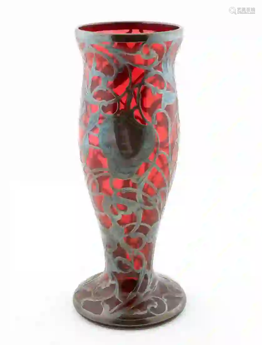 ART NOUVEAU CRANBERRY & .999 SILVER OVERLAY VASE