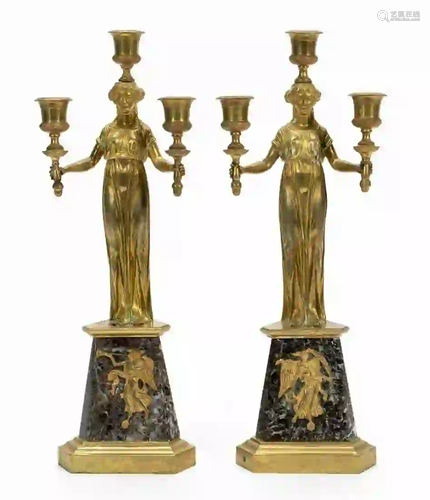 PAIR, EMPIRE BRONZE FEMALE FIGURAL CANDLESTICKS