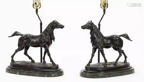 PAIR, BRONZE HORSE LAMPS ON GREEN MARBLE BASES