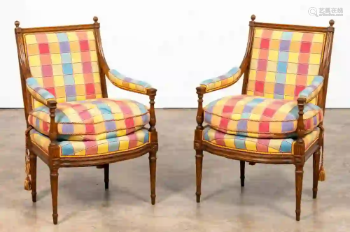 PAIR, FRENCH STYLE WALNUT ARM CHAIRS, UPHOLSTERED