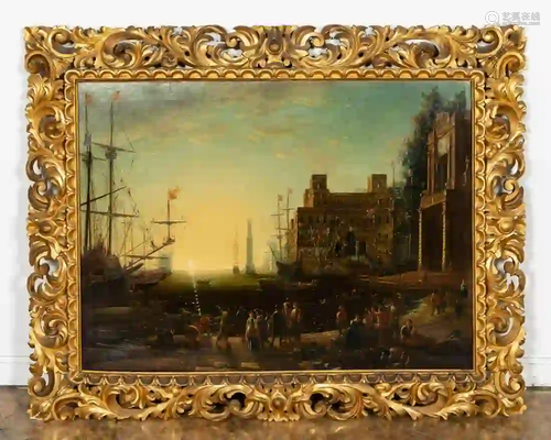 LARGE PORT SCENE CONTINENTAL SCHOOL, OIL ON CA…