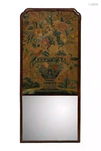 QUEEN ANNE BURL MIRROR WITH NEEDLEWORK PANEL