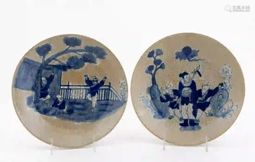 PAIR, CHINESE CRACKLE PLATES W/ BLUE FIGURAL MOTIF