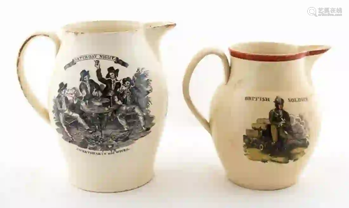 2 18TH C. LIVERPOOL TRANSFERWARE CERAMIC PITCHERS