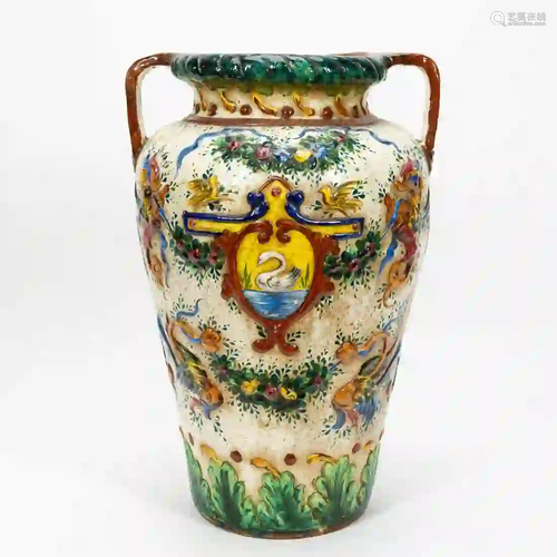 MAJOLICA DOUBLE HANDLE SWAN MOTIF URN