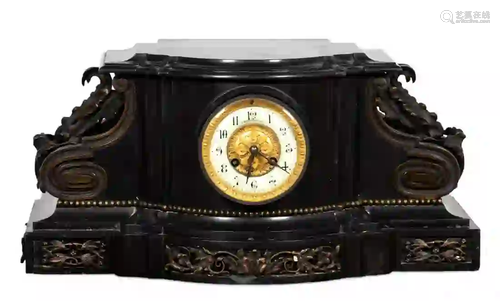 19TH C. BLACK SLATE MANTEL CLOCK WITH HORSE FIGURE