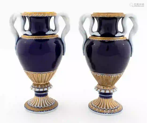 PAIR, MEISSEN COBALT BLUE & GILT SNAKE MOTIF URNS