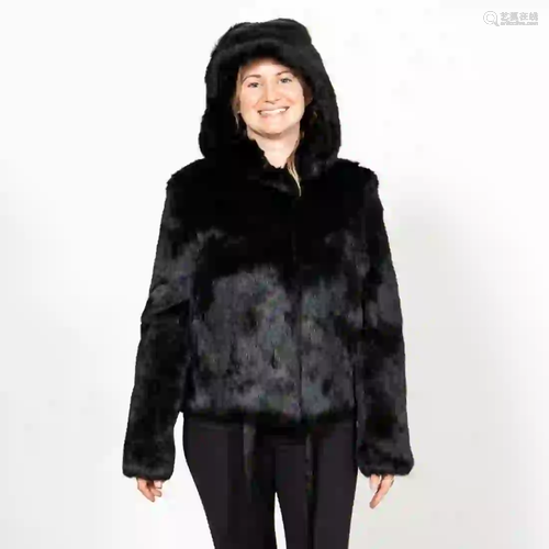 SANDRO BLACK CROPPED RABBIT FUR COAT WITH HOOD