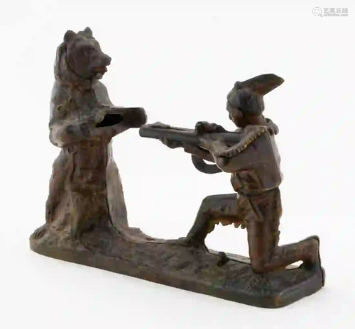 CAST IRON MECHANICAL BANK, NATIVE AMERICAN & BEAR