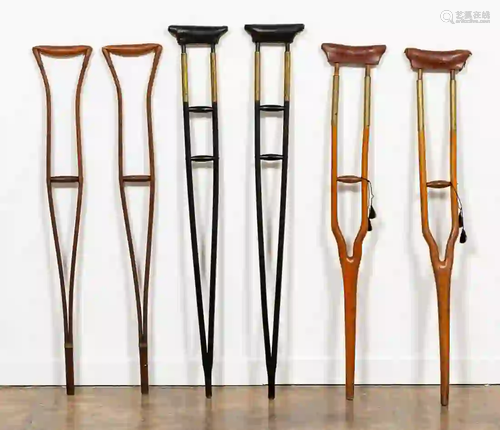 THREE PAIRS OF ANTIQUE CRUTCHES, 6PCS TOTAL