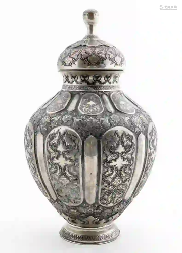 INDIAN SILVER OVER COPPER ORNATE LIDDED URN