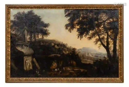 18TH C, ITALIAN CAPRICCIO, LANDSCAPE OIL ON CANVAS