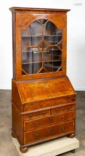 18TH C. ENGLISH QUEEN ANNE BURL BUREAU BOOKCASE