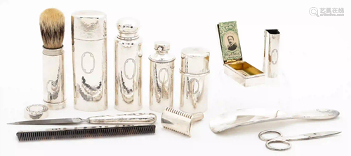 TIFFANY STERLING SILVER TOILETRY SET, LEATHER CASE