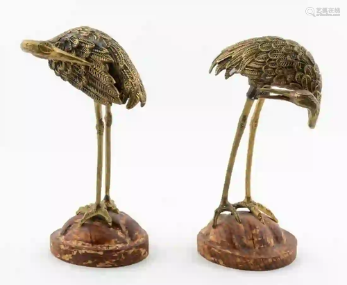 PAIR, SARREID BRASS CRANE FIGURES ON WOOD BASES