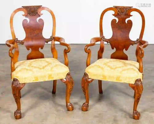 PAIR, GEORGE I STYLE BURL WALNUT ARMCHAIRS