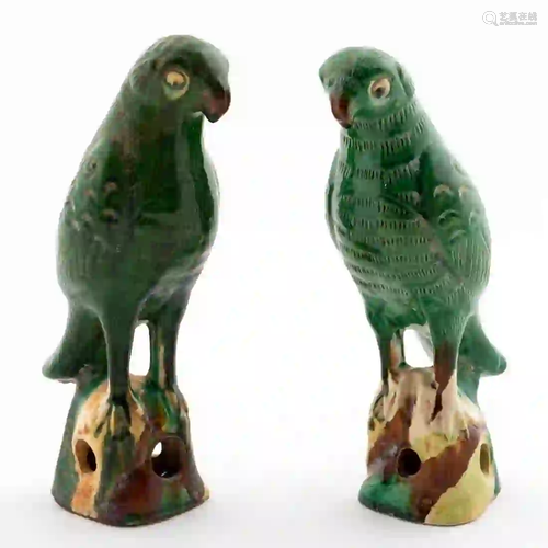 PAIR, CHINESE EXPORT GREEN GLAZED PARROT FIGURES