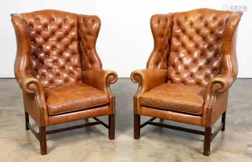 PR, GEORGIAN STYLE TUFTED LEATHER WINGBACK CHAIRS