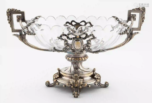 19TH C. FRENCH SILVERPLATE & CRYSTAL CENTERPIECE