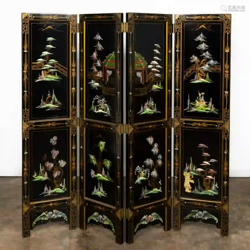 CHINESE BLACK LACQUERED FOUR PANEL FLOOR SCREEN