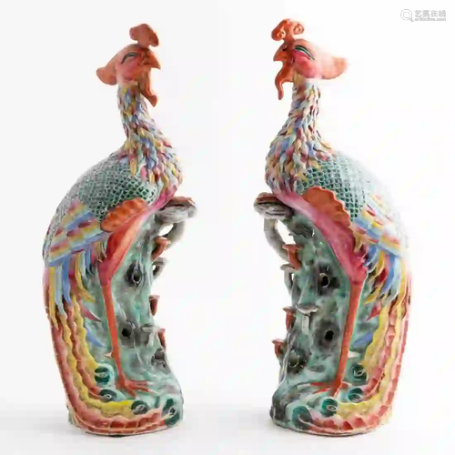 PAIR CHINESE EXPORT FAMILLE ROSE PHOENIX FIGURES