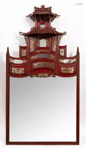 RED LACQUERED & GILT PAGODA FORM WALL MIRROR