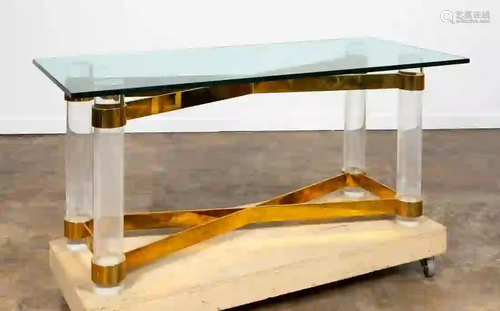 HOLLYWOOD REGENCY BRASS, LUCITE, & GLASS TABLE