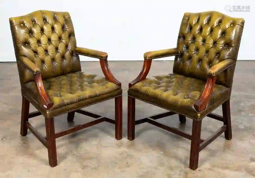 PAIR, GREEN TUFTED LEATHER GAINSBOROUGH ARMCHAIRS