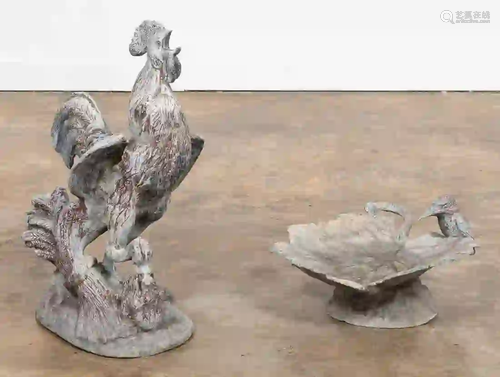 2 PCS, LEAD OUTDOOR SCULPTURE, ROOSTER & BIRDBATH