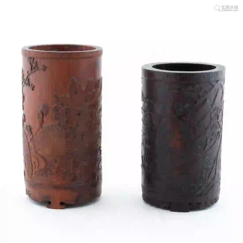 TWO CHINESE CARVED WOOD BRUSH POTS