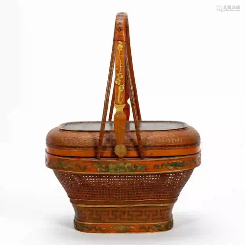 CARVED AND WOVEN CHINESE HANDLED BASKET WITH LID