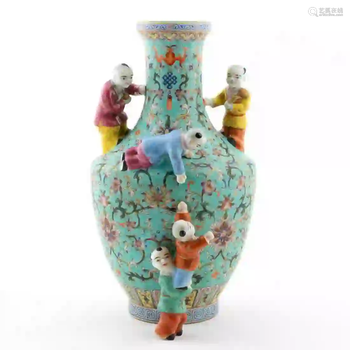 CHINESE TURQUOISE GROUND 'FIVE BOYS' VASE