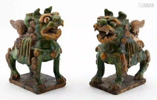 PAIR, CHINESE SANCAI GLAZE KYLIN POTTERY FIGURES