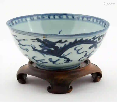 CHINESE BLUE AND WHITE PORCELAIN BOWL ON STAND