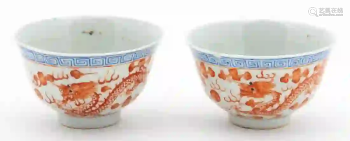 PAIR, CHINESE SMALL PORCELAIN BOWLS WITH DRAGONS