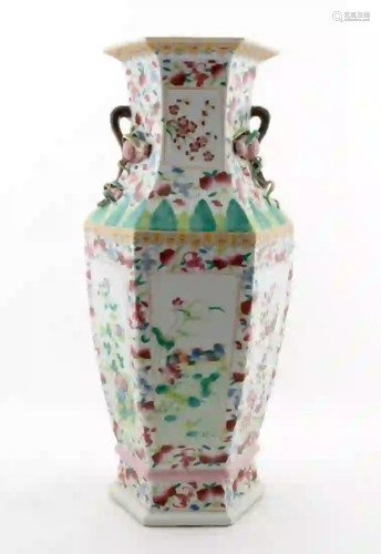 CHINESE HEXAGONAL FLORAL & FRUIT MOTIF VASE